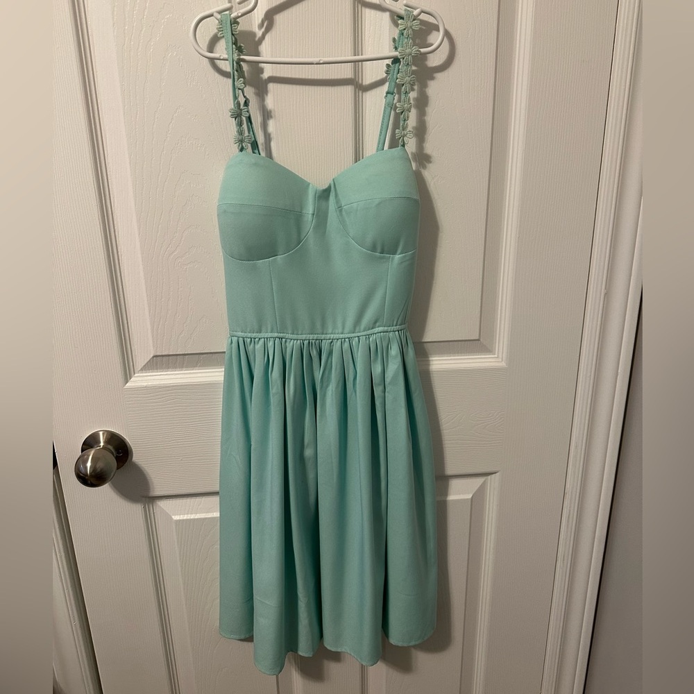 Tiny strap with small detail teal dress